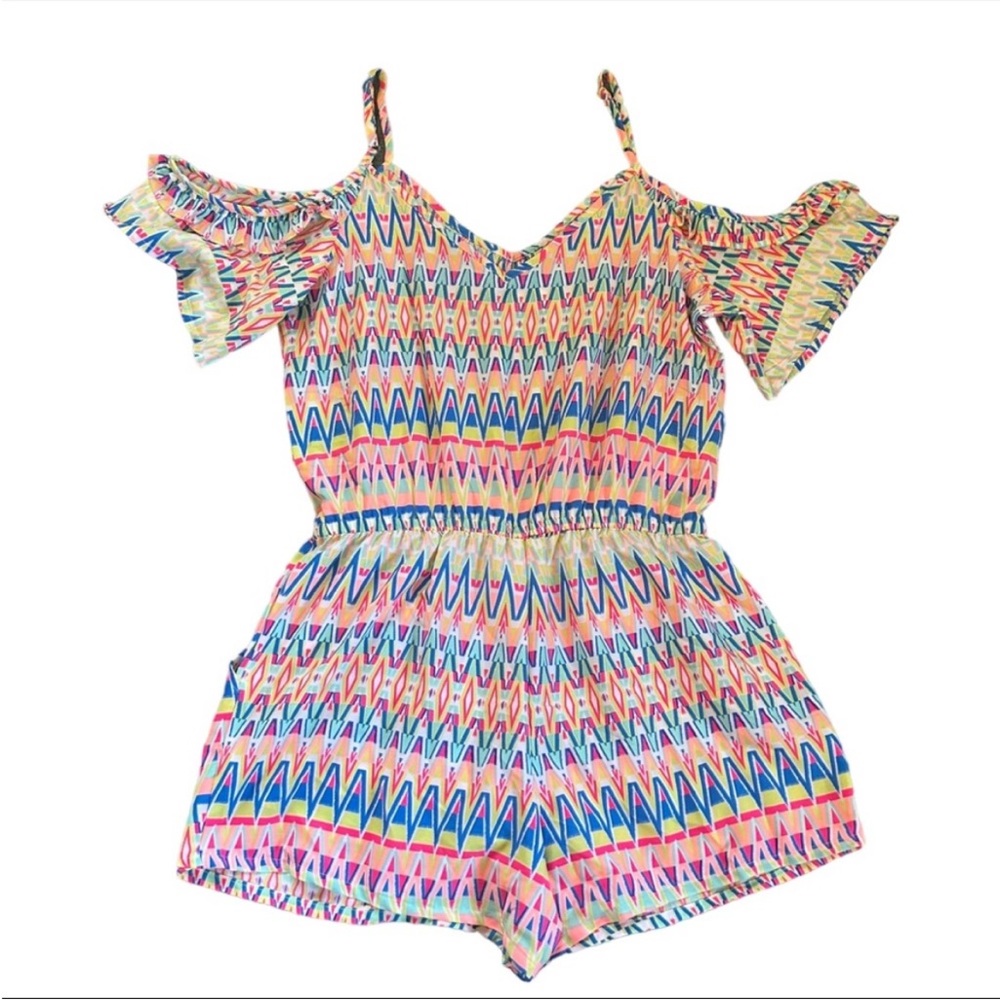 Arizona Jean Co Neon Aztec Geometric Print Cold Shoulder Romper Festival Medium